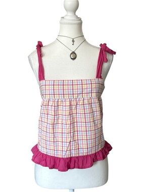 Y2K “Maree” Pink and White Tartan Print Babydoll Style Ruffle Trim Tank Top